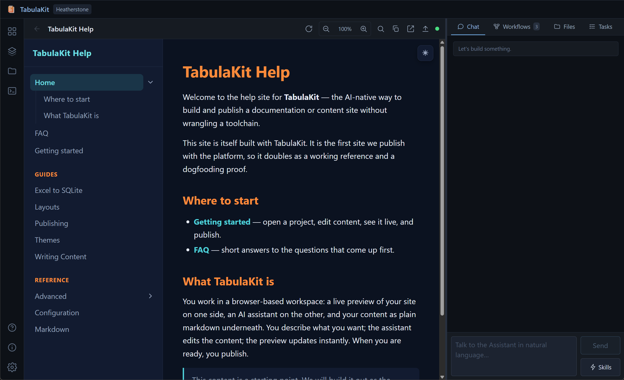 The TabulaKit workspace: a live documentation site preview beside an AI assistant chat panel